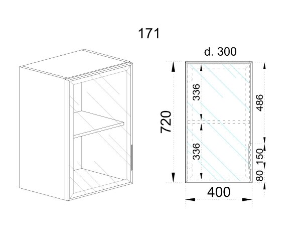 Горен модул със стъклена врата Алу глас и рафт БАЛ - 171 (ляв)