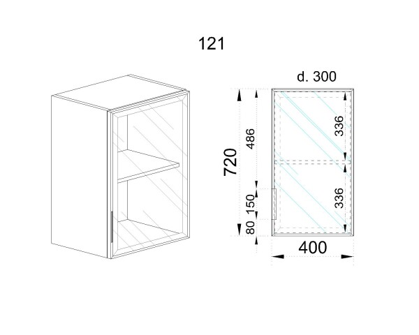 Горен модул със стъклена врата Алу глас и рафт МАЛ - 121 (десен)