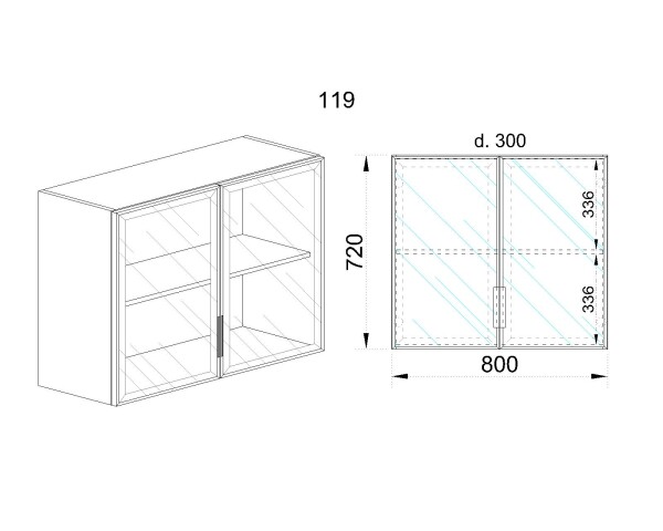 Горен модул с две стъклени врати и рафт Алу глас и рафт АРАЛ - 119