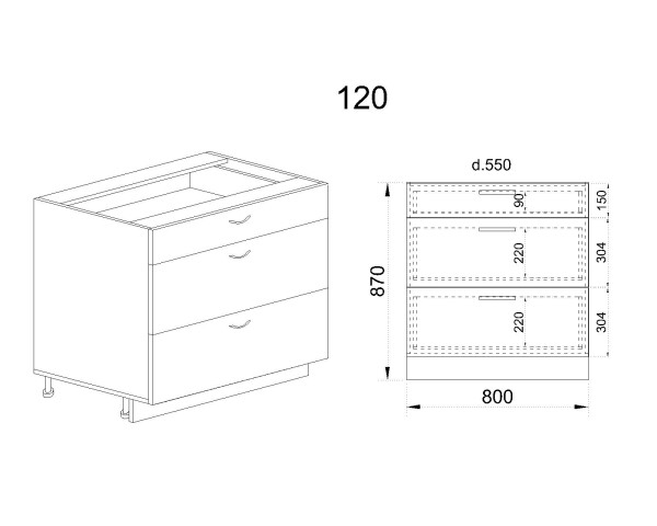 Долен модул с три чекмеджета с плавно затваряне БФ-Карбон мат-11-120