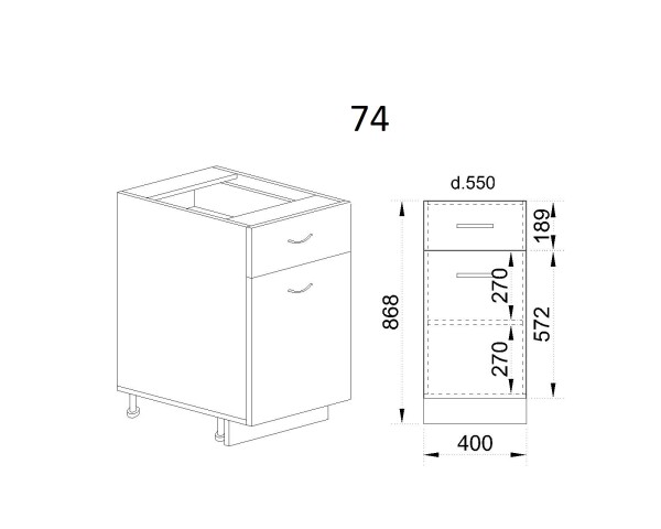 Долен модул с чекмедже,врата и рафт АРФ-Бяло фладер-04-74 (ляв)