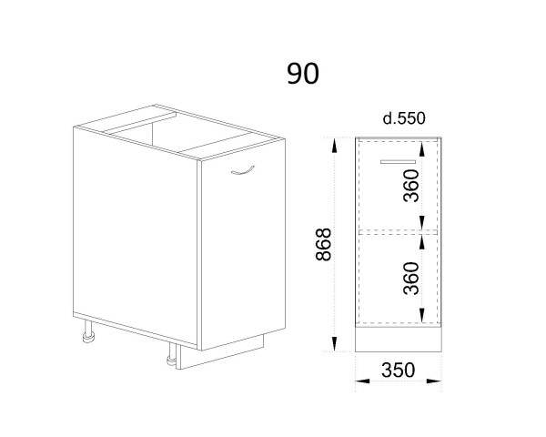 Долен модул с врата и рафт БФ-Бяло фладер-04-90 (ляв)