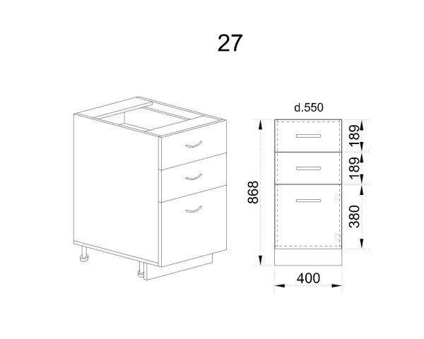 Долен модул с 2 чекмеджета,врата и рафт АРФ-Дъб натурал-06-27 (десен)