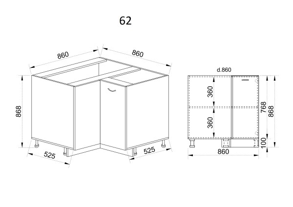 Долен модул ъглов с две врати и рафт МФ-Бяло фладер-04-62 (ляв)