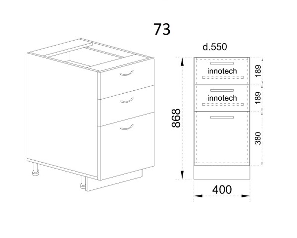 Долен модул с две чекмеджета и врата с плавно затваряне МФ-Дъб натурал-06-73 (ляв)