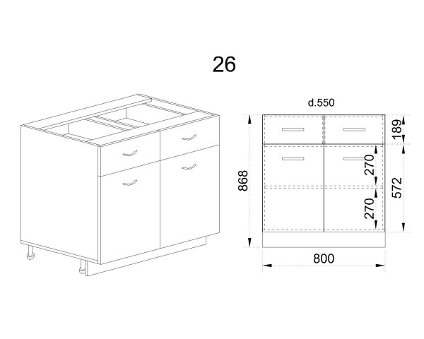 Долен модул с 2 чекмеджета,2 врати и рафт АРФ-Карбон мат-11-26