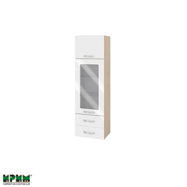 Горен модул с врата,витрина и две чекмеджета МФ-Бяло гланц-05-201