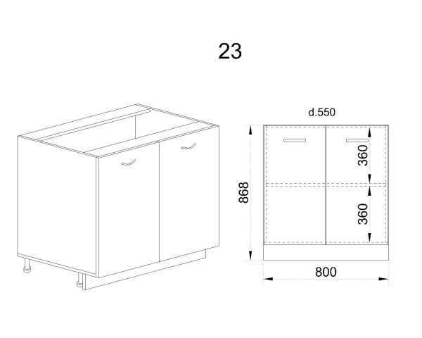 Долен модул за вграждане на мивка с две врати и рафт МФ-Бяло мат-09-23