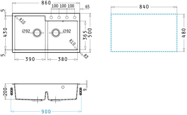 Мивка от гранит Ithaka (86×50) 1 3/4B Сняг