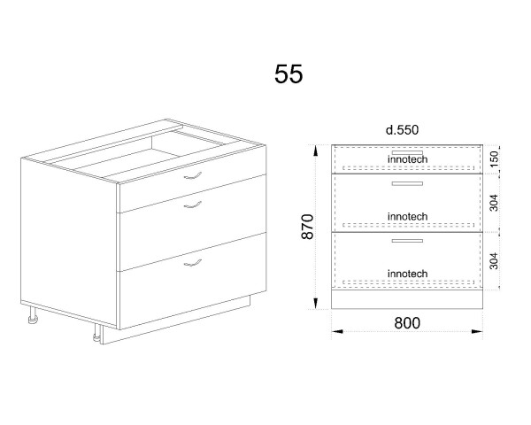 Долен модул с три чекмеджета с плавно затваряне БФ-Сонома-02-55