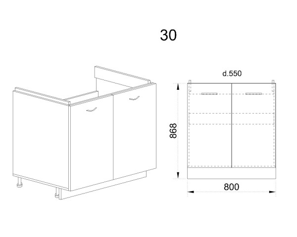 Долен модул за бордова мивка с две врати АРС-Сатен-30