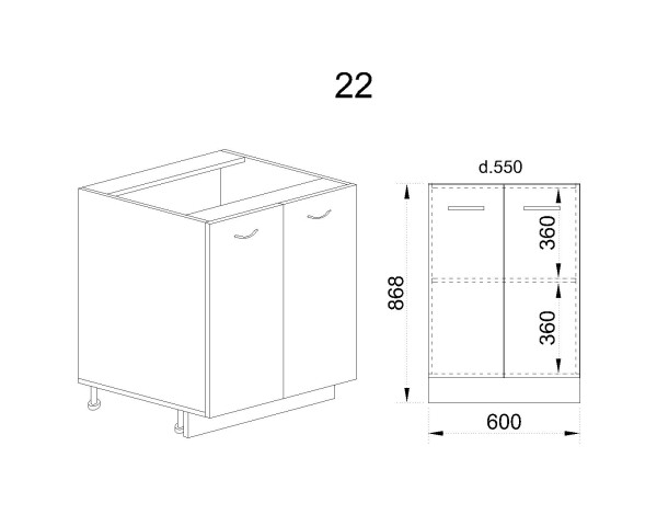 Долен модул за вграждане на мивка с две врати и рафт МДД-Дъб дакота-22